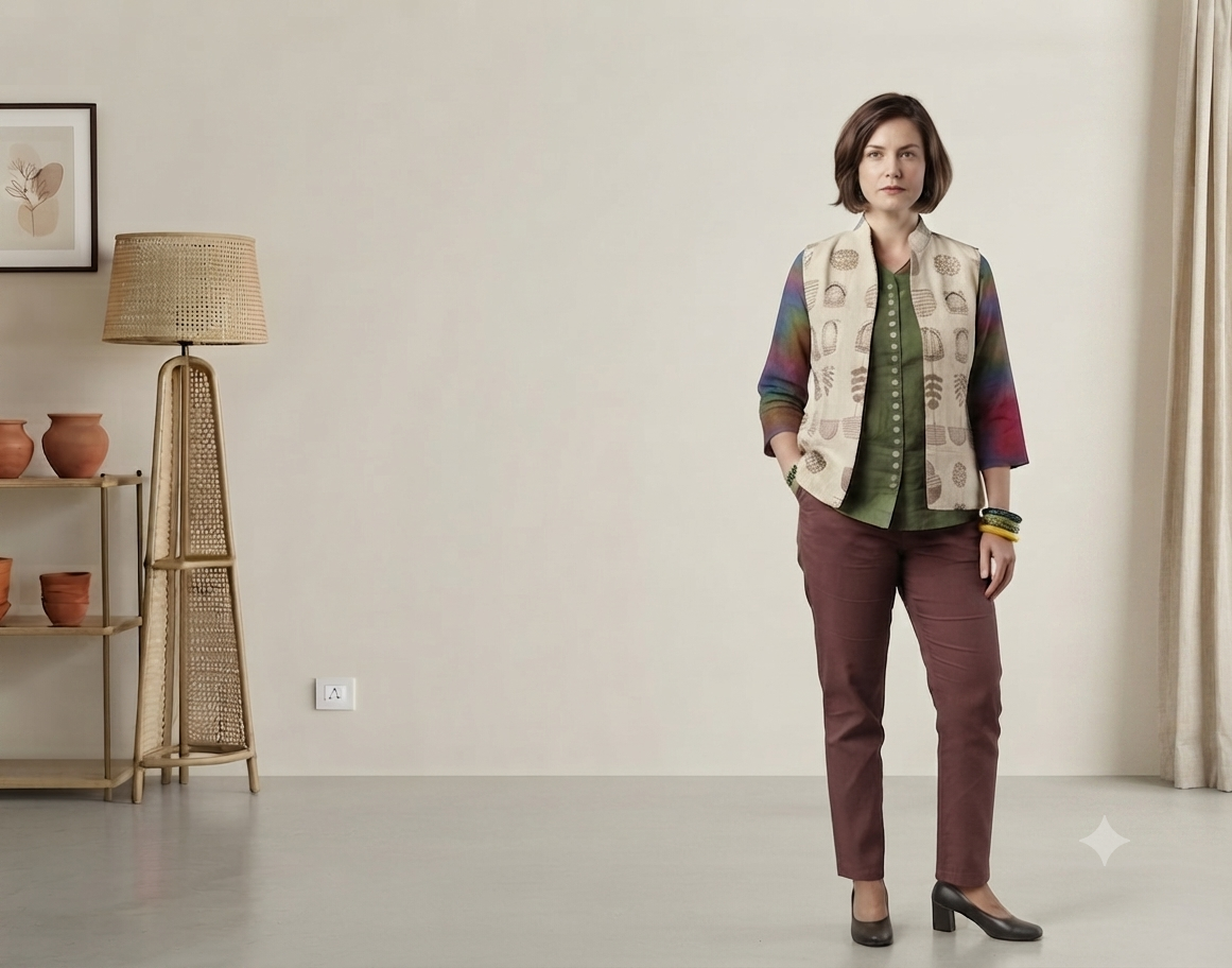 A model wearing a hand-printed heritage vest with rainbow botanical-dyed sleeves