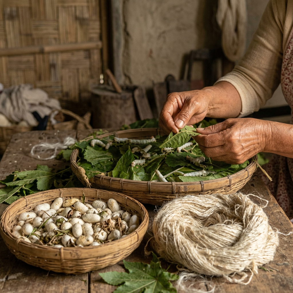 Hands gently rearing Eri silkworms with soft cocoons and raw peace silk